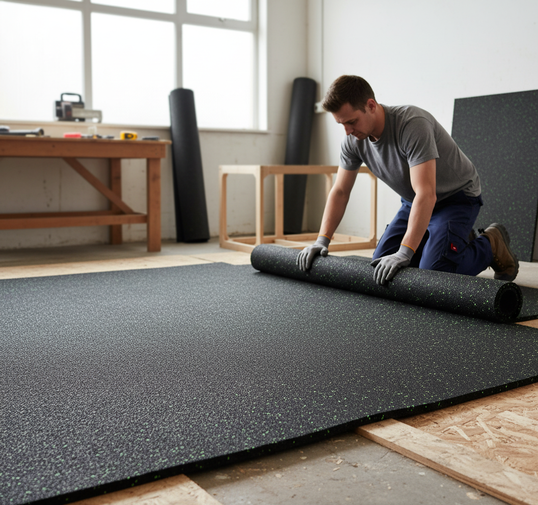 Man installing Premium 12mm dB Matting for Wood and Laminate Flooring, a soundproof acoustic mat offering high sound reduction and stability, in a workshop setting. Perfect for noise reduction and sound insulation.