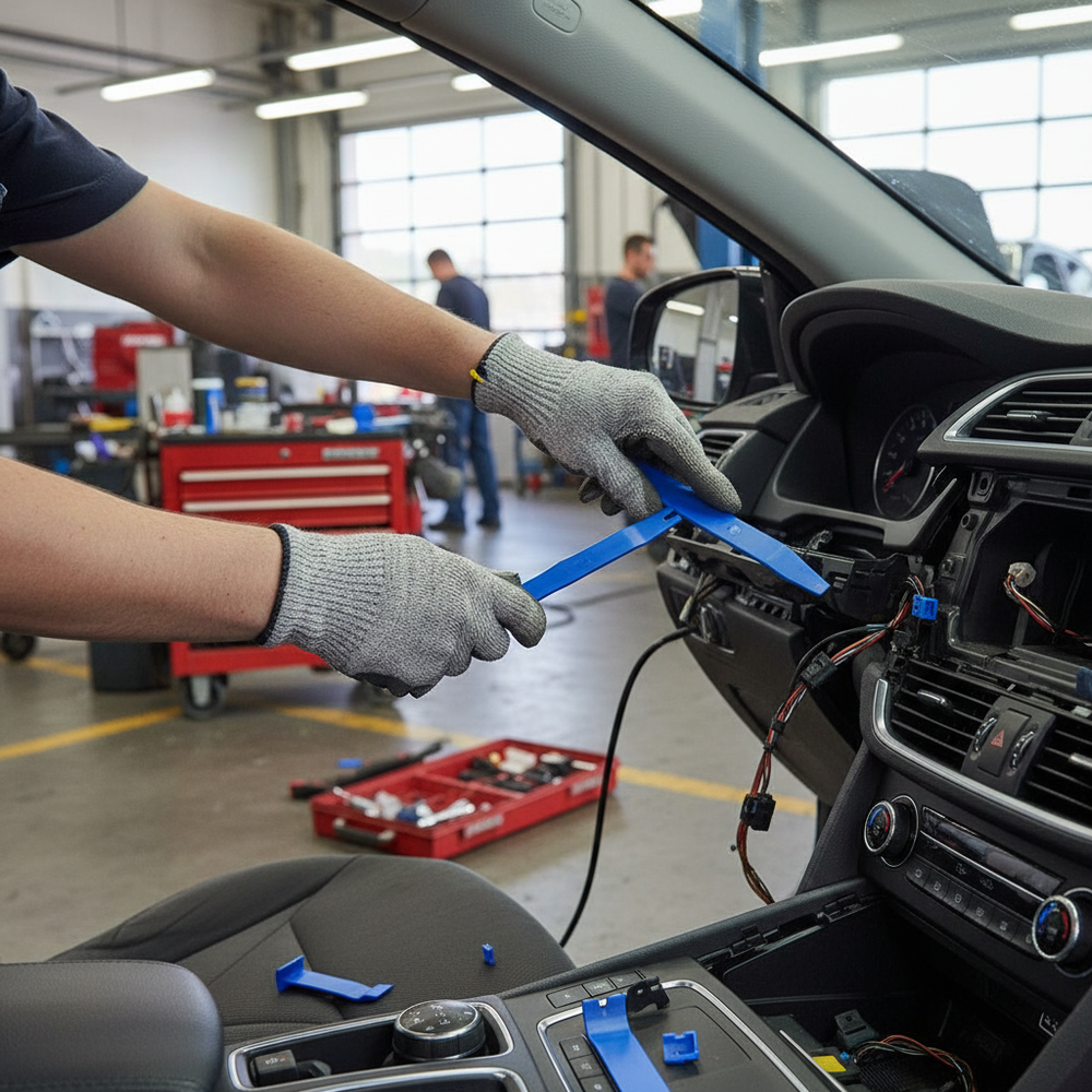 Technician uses Premium 5 Piece Trim Removal Tool Set for Upholstery, Clips, and Mouldings, ensuring soundproof and acoustic integrity in vehicle interiors with strong construction for maximum leverage and noise reduction.