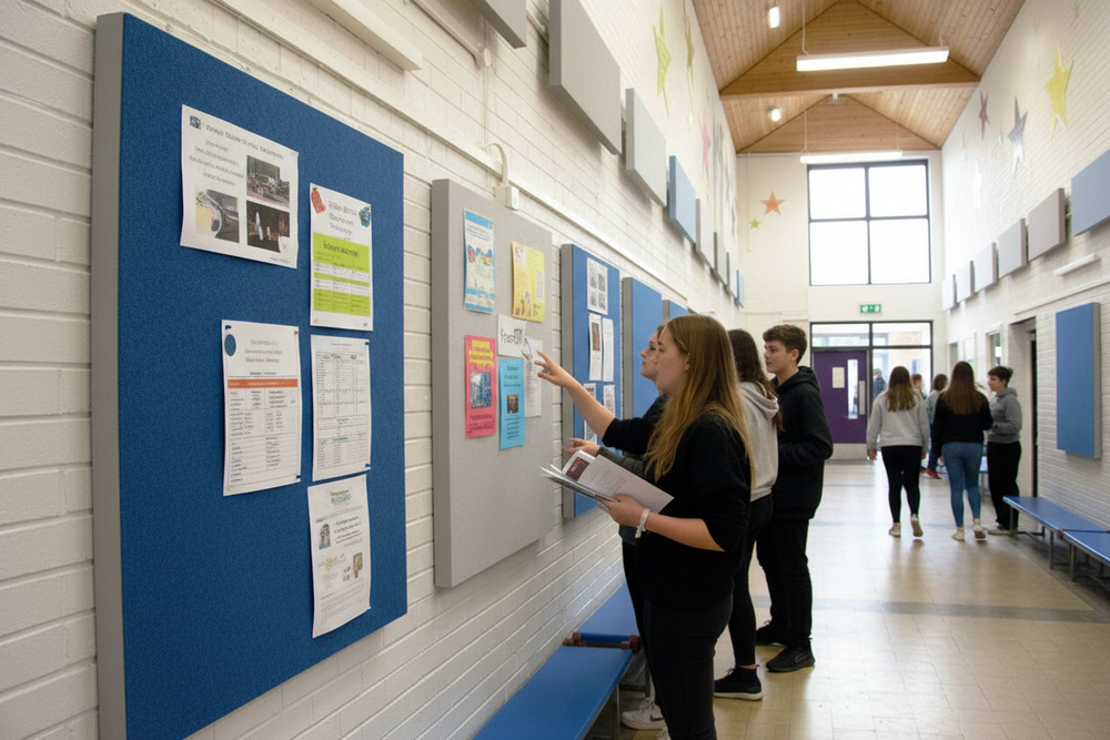 Premium Acoustic Notice Board with Class A Absorption for Effective Sound Management, displayed in a school corridor, showcasing its soundproof and acoustic capabilities, ideal for noise reduction and sound insulation in public spaces.