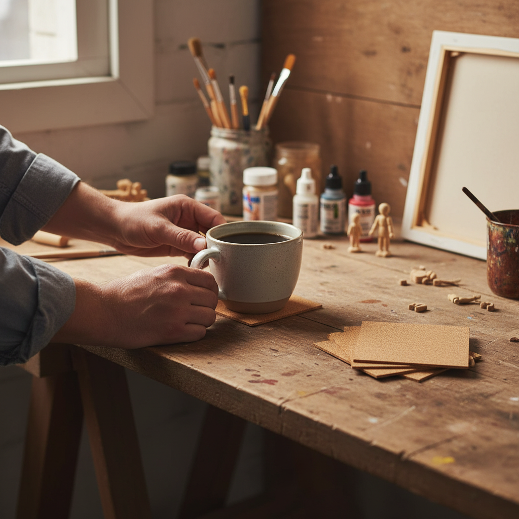 Premium Non-Adhesive Cork Coaster Sheets - 95mm x 95mm, 2mm Thick, perfect for soundproof crafting. Featured amidst an art-making station with creative tools, these sheets offer versatile noise reduction and acoustic applications.