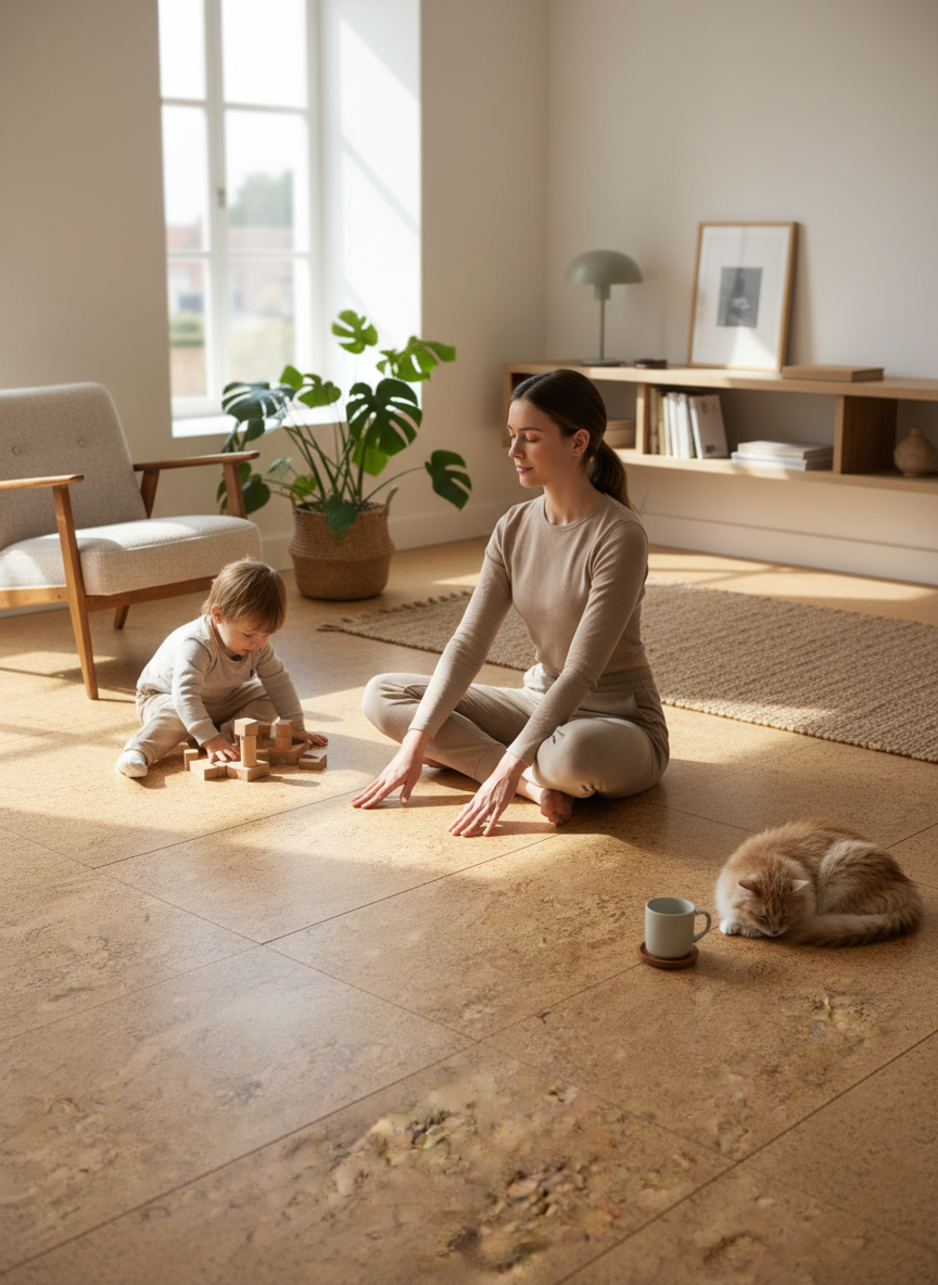 Premium Natural Cork Flooring - 600mm x 300mm Tiles, 4mm Thick, 1.98m² Pack: A tranquil living room scene highlights this soundproof flooring, ideal for acoustic insulation and noise reduction, enhancing comfort and tranquility in residential spaces.