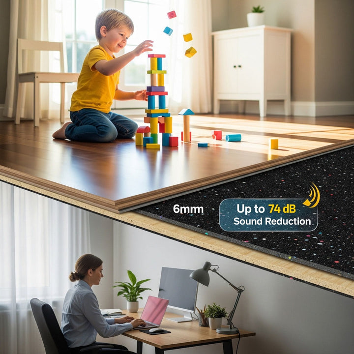 6mm Acoustic Rubber Underlay – 74 Silentcloud Noise Reduction, Eco-Friendly Rubber: A child plays above on wood-look flooring, while below, a person works peacefully, demonstrating superior soundproofing and acoustic insulation properties.