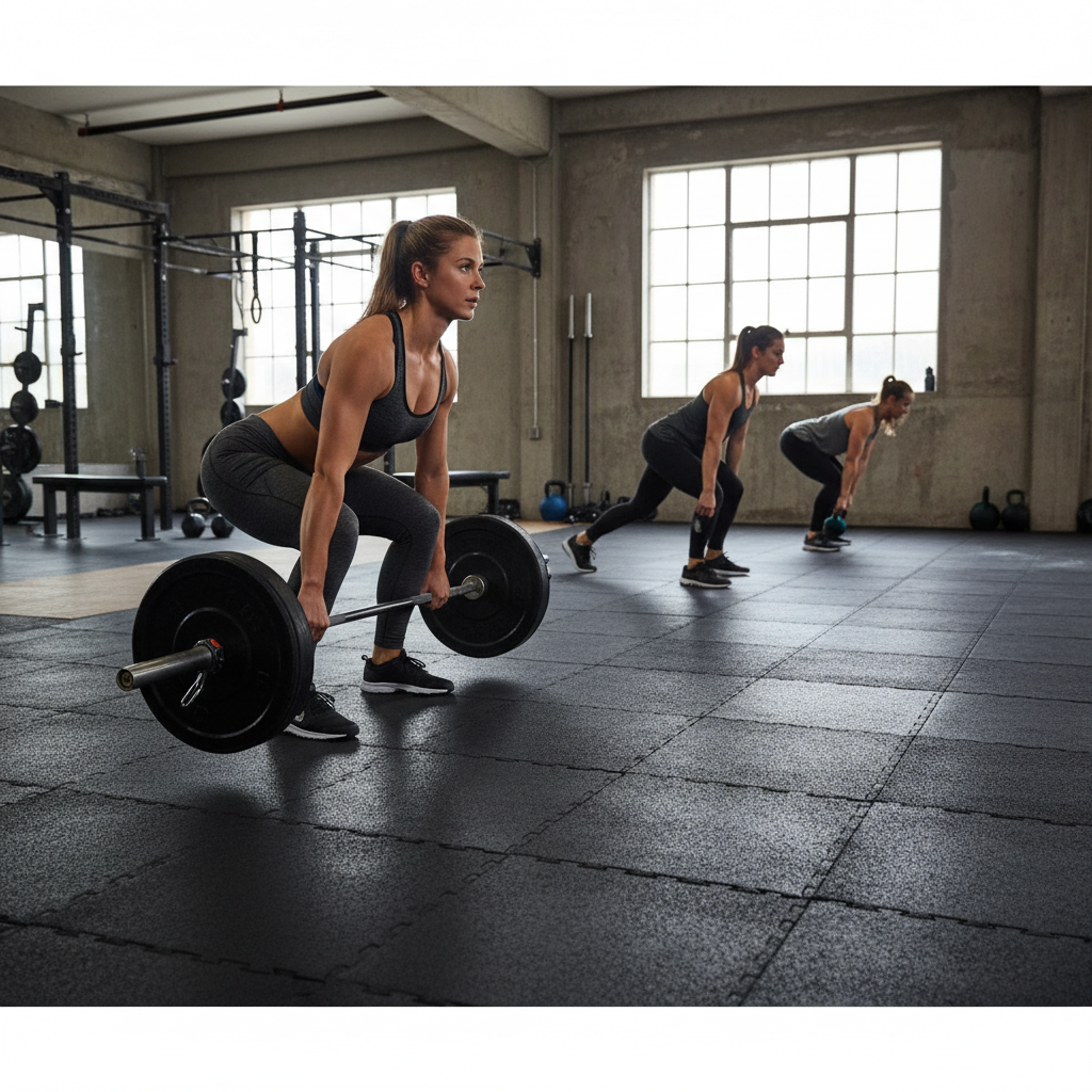 Women exercise on Premium Duo Interlocking Gym Floor Tile 1m x 1m - High-Density Rubber for Durability and Noise Reduction, designed for soundproofing, acoustic insulation, and vibration damping in fitness environments.