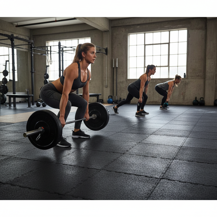 Women exercise on Premium Duo Interlocking Gym Floor Tile 1m x 1m - High-Density Rubber for Durability and Noise Reduction, designed for soundproofing, acoustic insulation, and vibration damping in fitness environments.