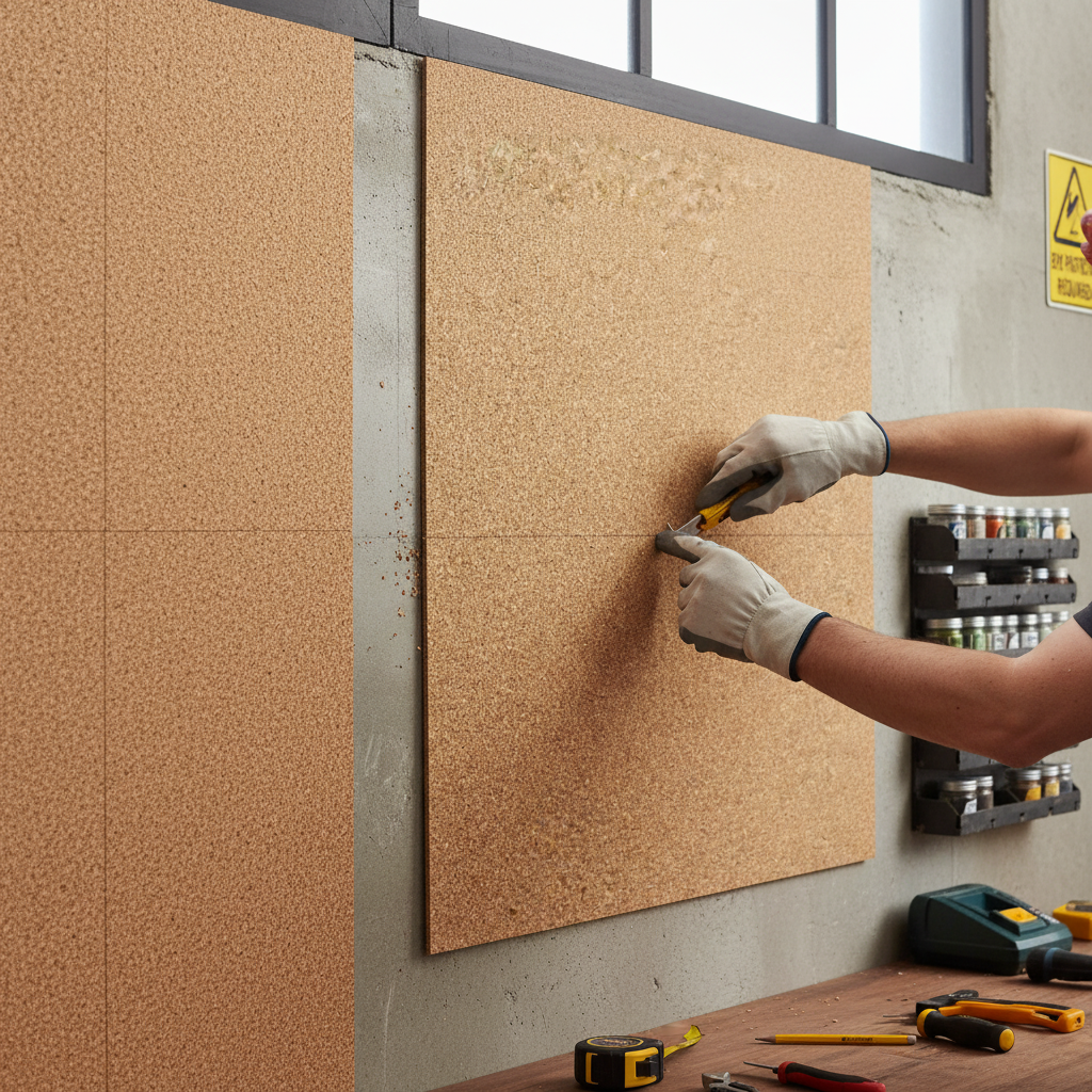 Professional Heavy Duty Adhesive Cork Sheets - 915mm x 610mm - 3mm Thick - Pack of 7 for Wall Coverings and Printing, shown being trimmed in a workshop for soundproofing and acoustic insulation projects.