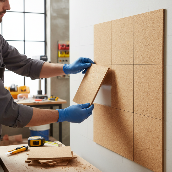 Person installing Premium Self-Adhesive Natural Cork Wall Tiles - 300mm x 300mm, 10mm Thick for Insulation and Pin Boards in a workshop, showcasing easy application and soundproofing benefits, with tools visible.