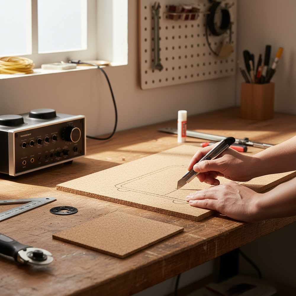 Hands use a utility knife to cut Premium Non-Adhesive Cork Sheets - Pack of 2, 915mm x 610mm, 7mm Thick for Wall Coverings and Pinboards, ideal for acoustic insulation and noise reduction projects.