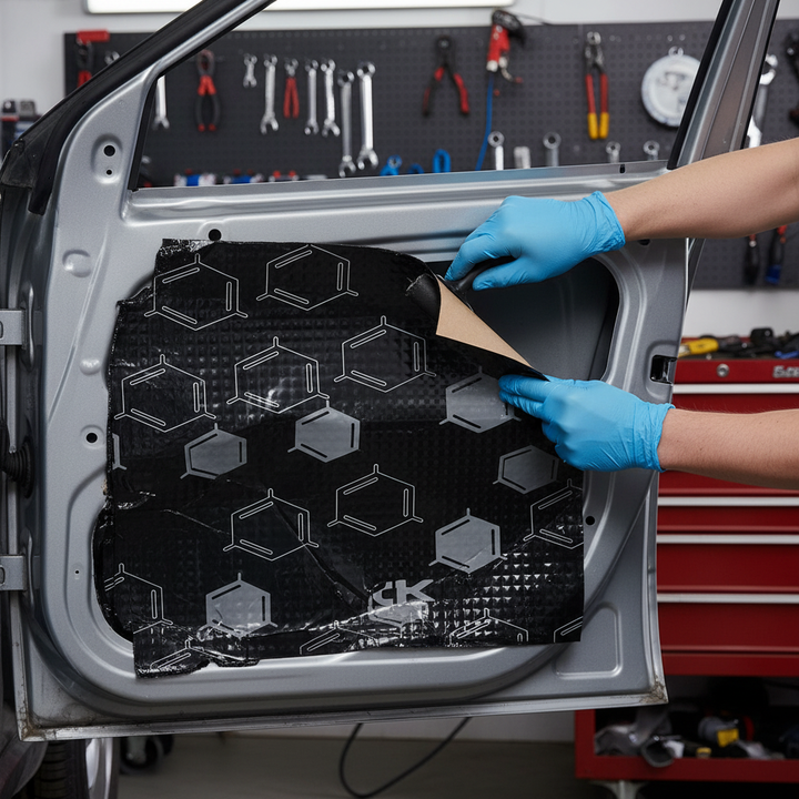 Gloved hands apply the High-Performance 1.8mm Anti-Vibration Mat Pack to a car door's interior, featuring a butyl rubber composite with aluminum foil, ideal for noise reduction and acoustic insulation.
