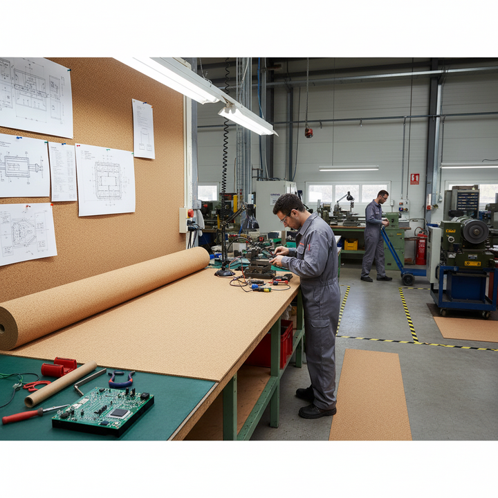 Technicians in a workshop use the Premium Fine Grain Large Cork Roll, 5m x 1.22m, for soundproofing and acoustic insulation tasks, providing effective noise reduction and vibration damping solutions.