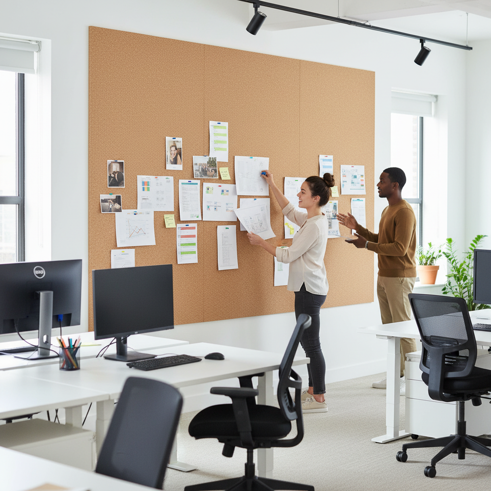 Premium Fine Grain Adhesive Cork Sheet - 610mm x 450mm - 4mm Thick - Pack of 4 Sheets for Wall Coverings and Pinboards, showcased in a modern office, ideal for soundproofing and acoustic insulation.