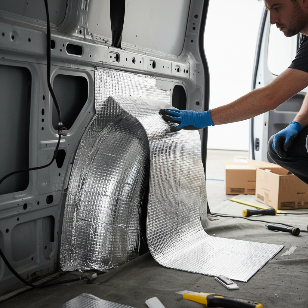 Fitting Premium Self-Adhesive Sound Deadening Sheets - 20 Pack, Butyl Construction, Flexible for Easy Installation inside van's metal wall, showcasing noise reduction and vibration damping for acoustic insulation.