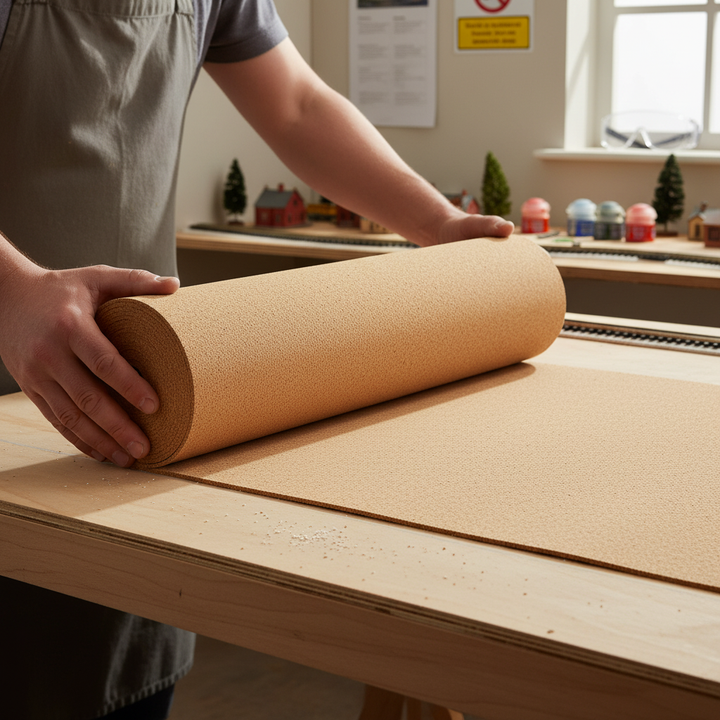 Person at a workbench unrolling Premium Fine Grain Model Railway Track Underlay Cork Roll, 1 meter wide and 3 mm thick, for noise reduction and vibration damping in model railway setups.