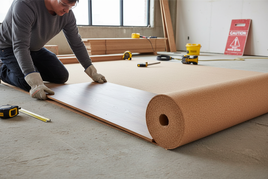 Worker installing Premium Natural Cork Underlay Roll - 10m x 1m x 3mm Thick for Laminate and Wooden Flooring, enhancing soundproofing, acoustic insulation, and noise reduction, amidst tools and planks in construction scene.