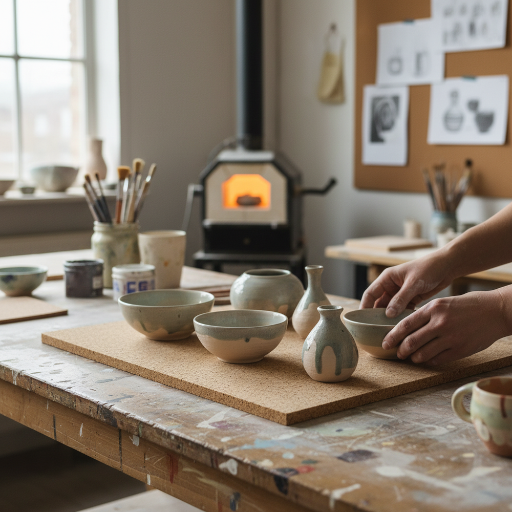 Premium Non-Adhesive Medium Grain Cork Sheets - 610mm x 450mm, 1mm Thick - 4 Pack for Wall Coverings and Pin Boards, shown in a pottery studio, perfect for acoustic insulation and soundproofing projects.