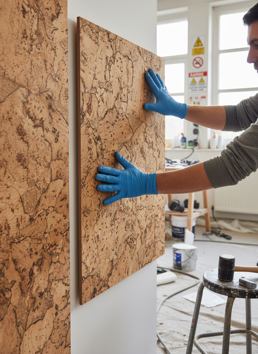 Installer fitting Premium Natural Patterned Cork Wall Tiles - 600mm x 300mm, 3mm Thick, 1.98m2 Coverage with 11 Tiles per Pack, in workspace for soundproofing and acoustic insulation.