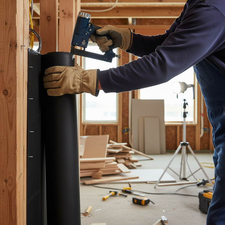 Tradesperson using pneumatic stapler to install Premium High-Performance Mass Loaded Vinyl Acoustic Barrier Mat 1.25m x 1m on stud wall, enhancing soundproofing and noise reduction in construction.