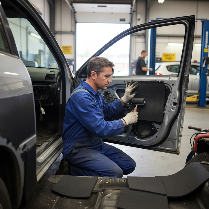 Technician installs Premium Noise Isolator 10mm - Pack of 6 Sheets for Noise and Thermal Isolation with Adhesive Layer, enhancing vehicle soundproofing and acoustic insulation using vibration damping technology.