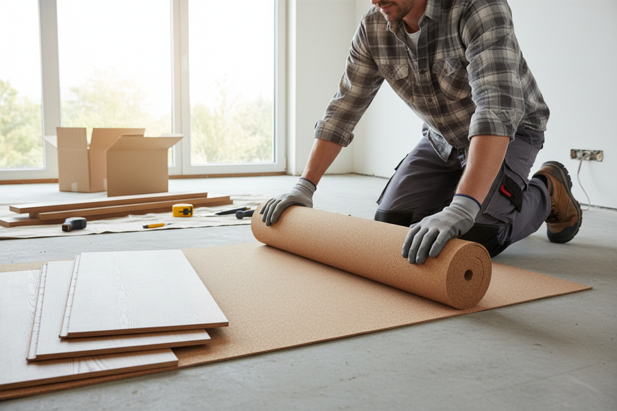 Person unrolls Premium Large Cork Roll - 10m x 1m x 4mm Thick Natural Underlay for Flooring. Tools and laminate planks nearby. Ideal for soundproofing, acoustic insulation, and noise reduction.