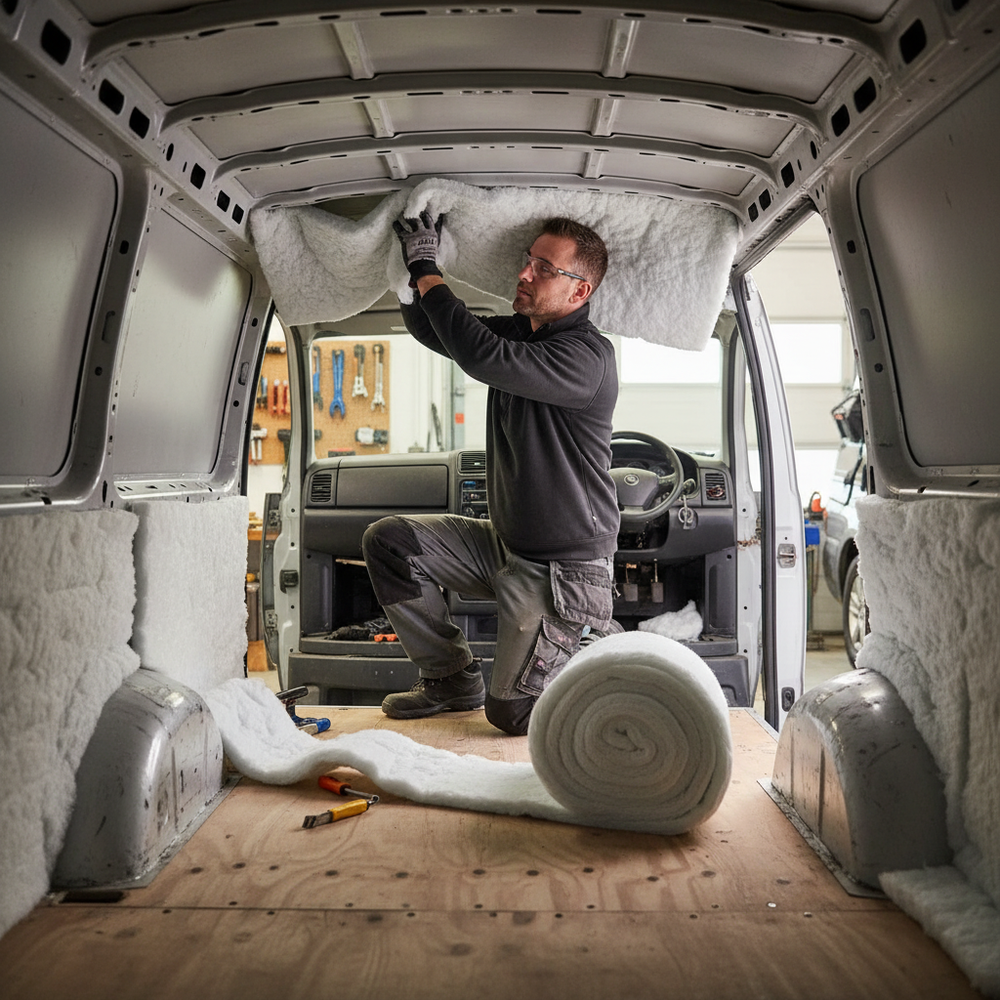 Man installing Premium 35mm Ecofill Insulation Roll for Camper Vans - 3.7sq.m Coverage with Recycled Materials, enhancing acoustic insulation, soundproofing, and noise reduction in a panel van's interior.