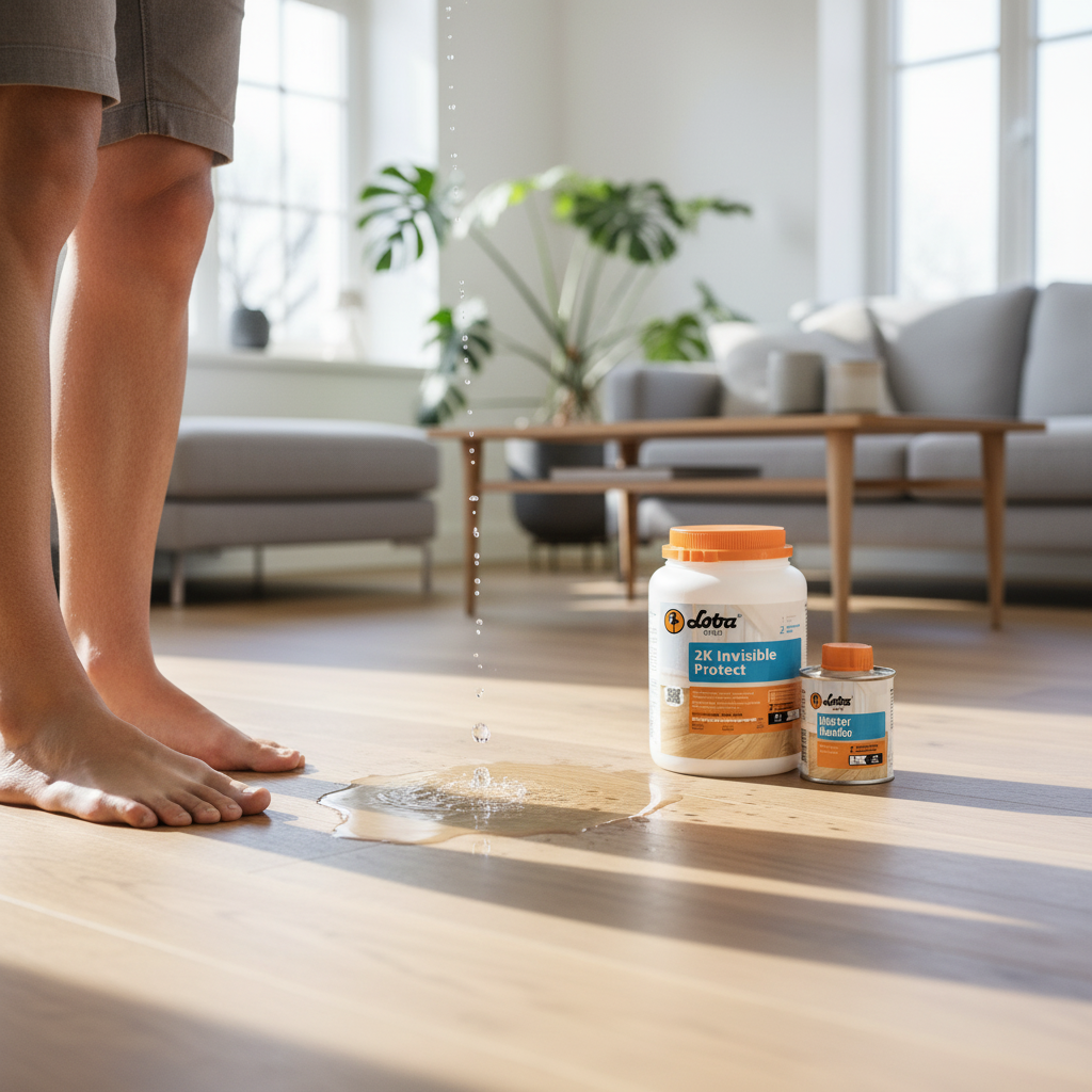 Premium Waterborne Surface Protection for Parquet and Hardwood Floors - Invisible, Scratch-Resistant, and Easy to Clean, 1KG, showcased next to a water puddle, highlighting its protective and soundproofing qualities.