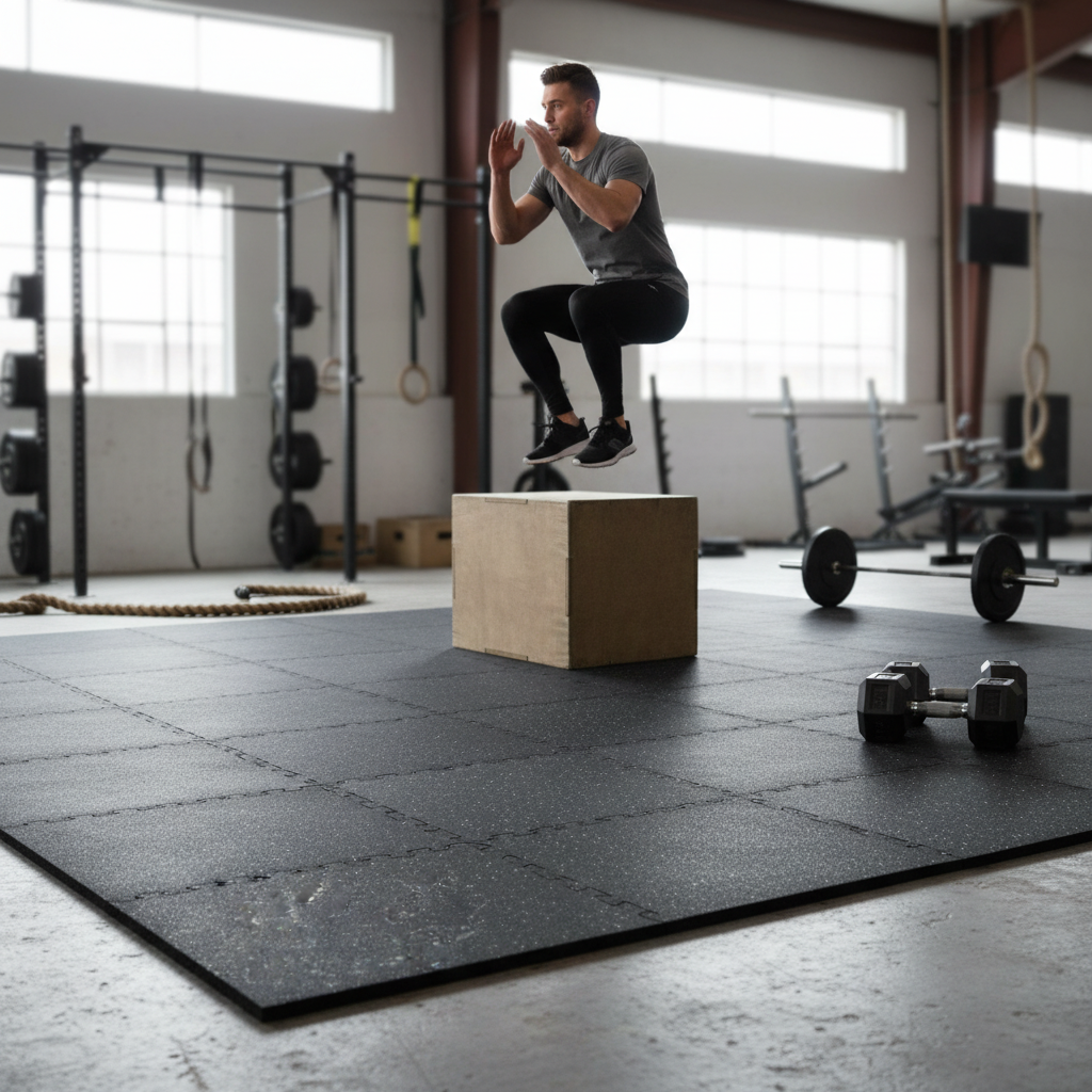 Premium Duo Interlocking Gym Floor Tile in a garage gym, featuring high-density rubber for superior durability, noise reduction, and sound insulation. Visible beneath a leaping athlete, enhancing acoustic performance and vibration damping.