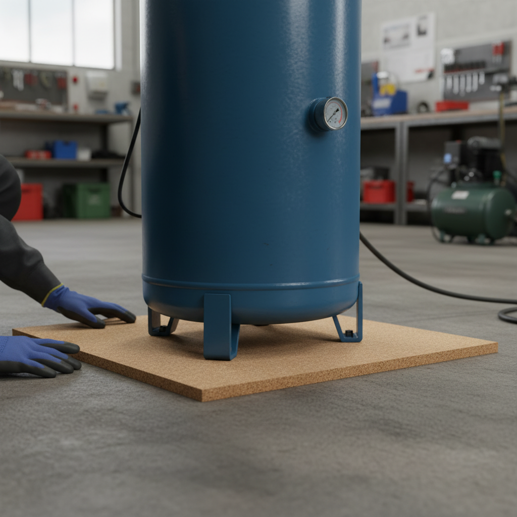 Premium Fine Grain Non-Adhesive Cork Sheets - 610mm x 450mm, 25mm Thick - Pack of 4 for Versatile Applications; shown under an air-receiver tank for vibration damping in a workshop setting.