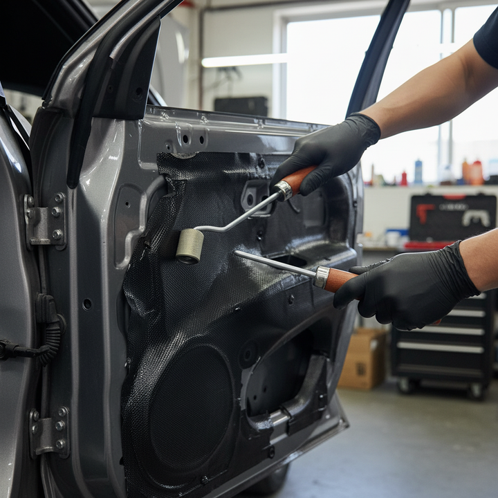 Professional Long Reach Heavy Duty Metal Roller for Sound Deadening Applications with Wood Handle, used by a technician to apply acoustic soundproofing and vibration damping sheets on a car door in a workshop.