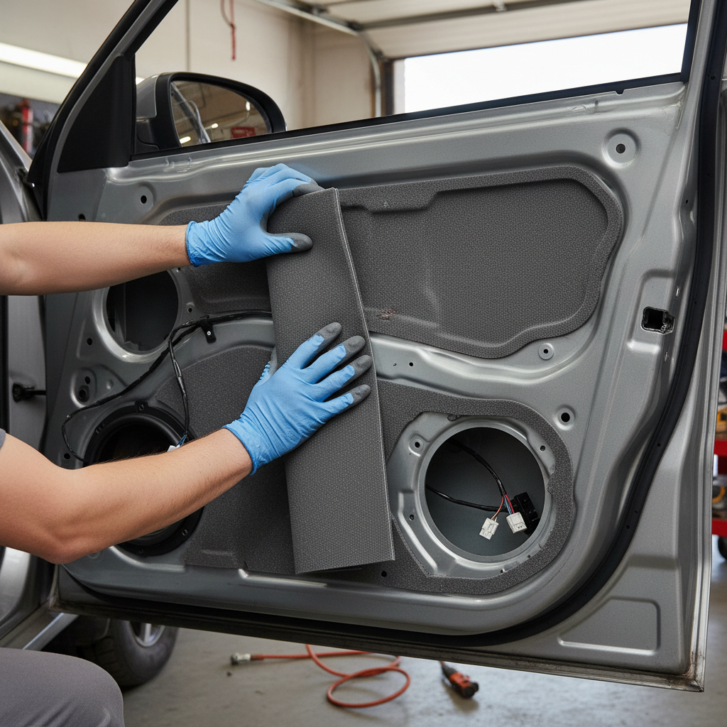 Premium Sound Blocking Mat - 3 Layer Automotive Underlay for Noise Absorption and Insulation being installed on a car door's inner surface, showcasing its soundproofing and vibration damping capabilities in an auto workshop setting.