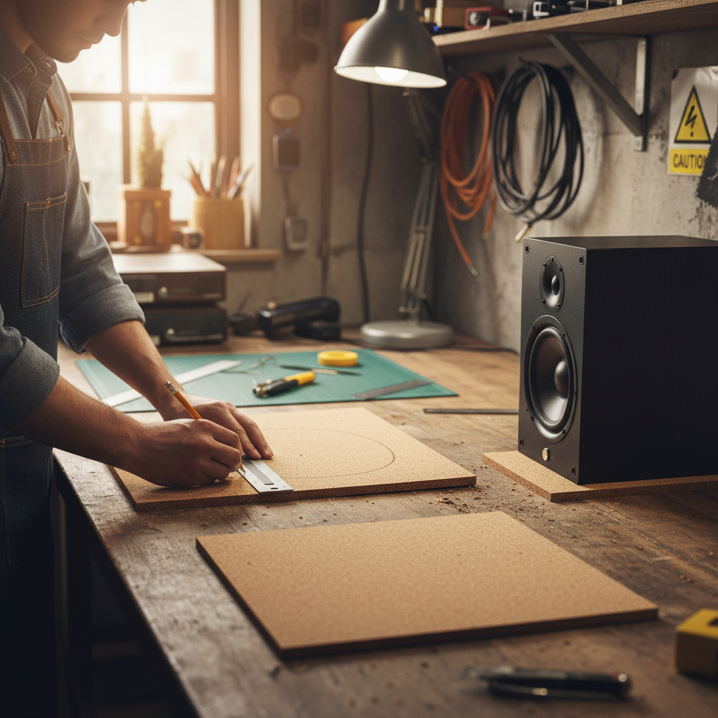 Premium Non-Adhesive Cork Sheets - 4 Pack, 610mm x 450mm, 20mm Thick are ideal for soundproofing and acoustic projects in home workshops, seen in use alongside speaker cabinet construction for noise reduction.
