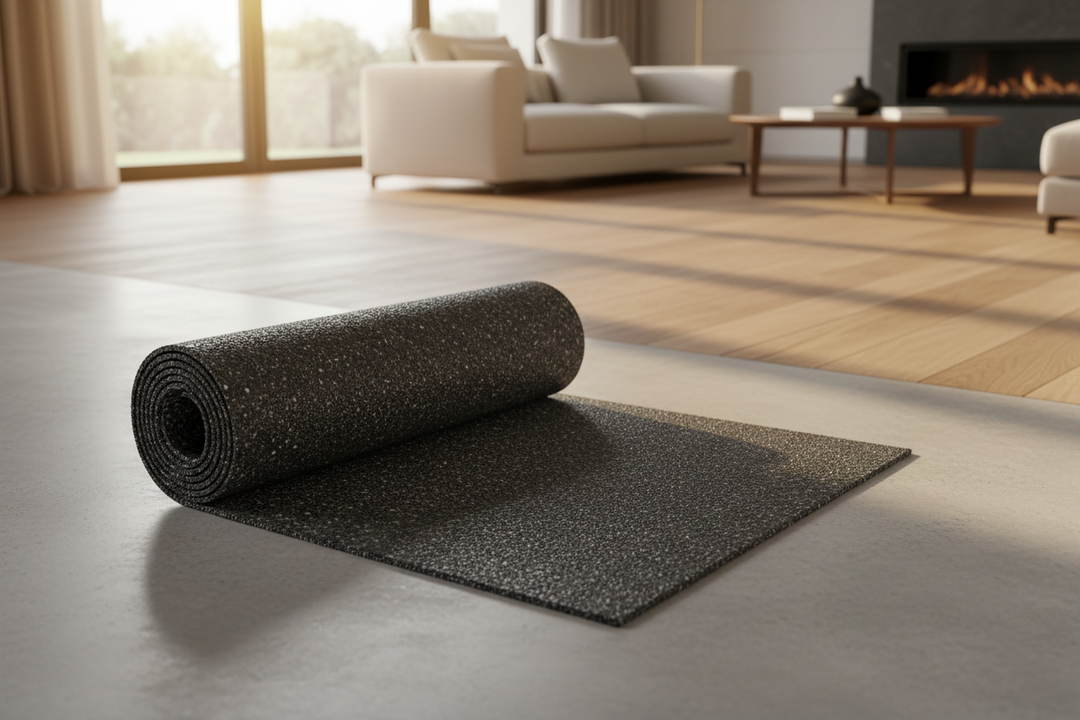 SilentCloud 3 mm Acoustic Underlay, a soundproof mat, partially unrolled in a bright living room, showcases its noise reduction capabilities, ideal for projects needing effective acoustic and vibration damping solutions.