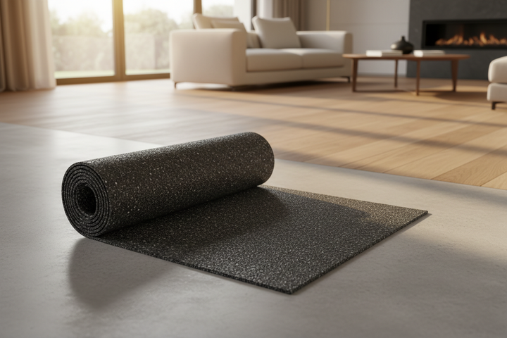 SilentCloud 3 mm Acoustic Underlay, a soundproof mat, partially unrolled in a bright living room, showcases its noise reduction capabilities, ideal for projects needing effective acoustic and vibration damping solutions.