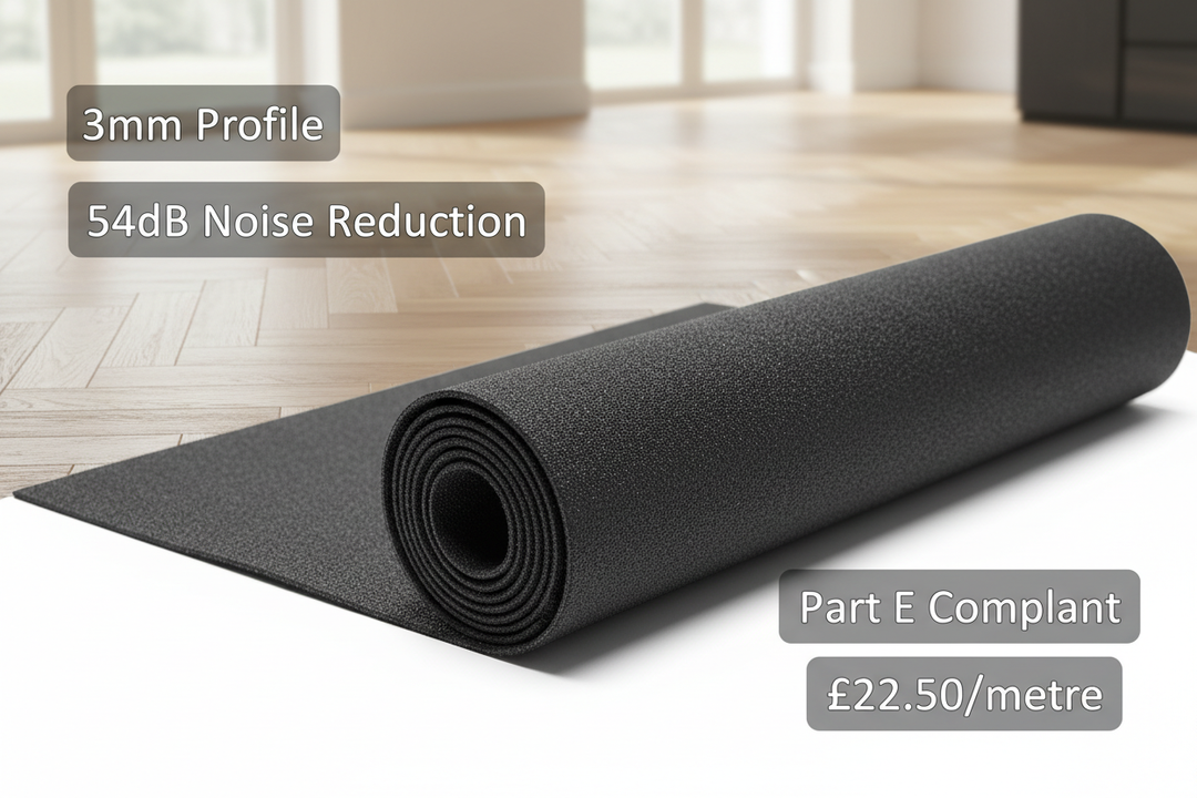 3mm Acoustic Underlay Linear Metre – 54dB Noise Reduction | UK Part E: A black, textured soundproof mat laid on light-wood flooring, ideal for acoustic insulation, offering 54 dB noise reduction and vibration damping.