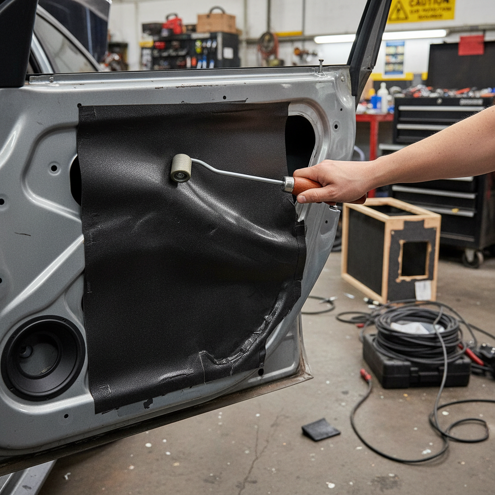 Person using the Premium Heavy Duty Long Reach Roller for Sound Deadening Application in Hard to Reach Areas on a car door, smoothing soundproofing material with a metal roller for effective noise reduction and vibration damping.