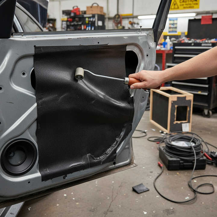 Person using the Premium Heavy Duty Long Reach Roller for Sound Deadening Application in Hard to Reach Areas on a car door, smoothing soundproofing material with a metal roller for effective noise reduction and vibration damping.