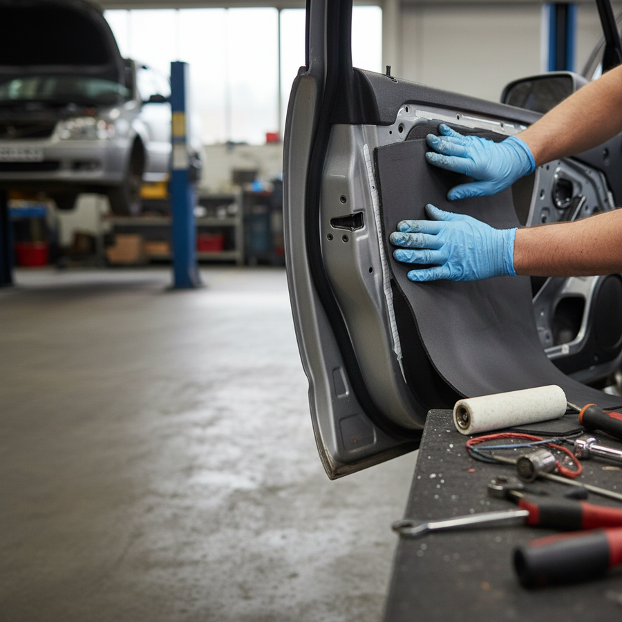 Technician installs Premium Heavy Duty Sound Deadening and Insulation Layer for Vehicle Flooring, showcasing soundproofing and acoustic insulation features, emphasizing superior noise reduction and vibration damping in an auto-repair setting.