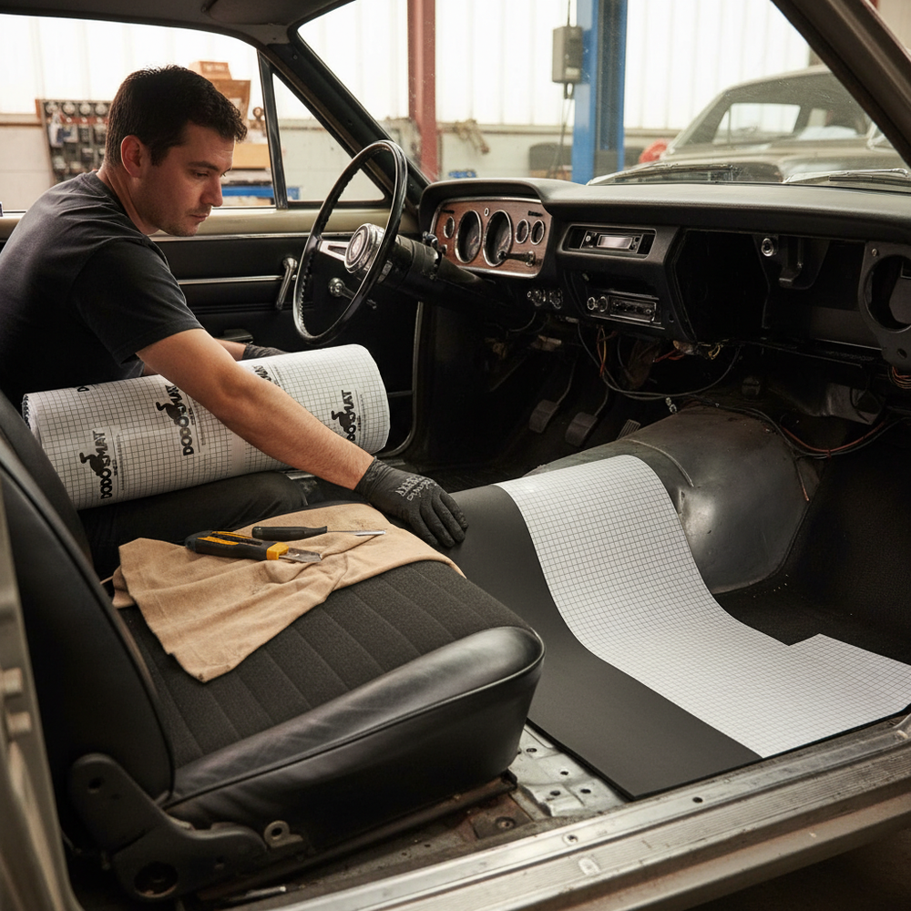 Man fitting Premium Self-Adhesive Flexible Foam Liner 6mm for Vehicle Heat and Sound Insulation - 3sq.m Coverage over car floor pan, enhancing soundproofing and acoustic absorption with easy installation and noise reduction.