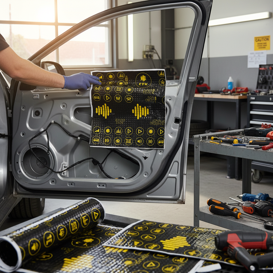 A blue-gloved individual applies Premium Professional Deadening Mats 2mm Thickness for Noise and Vibration Reduction - 2.96sq.m Coverage Pack onto a car door, showcasing soundproof and acoustic insulation installation. Nearby tools and mats suggest readiness for comprehensive sound insulation.