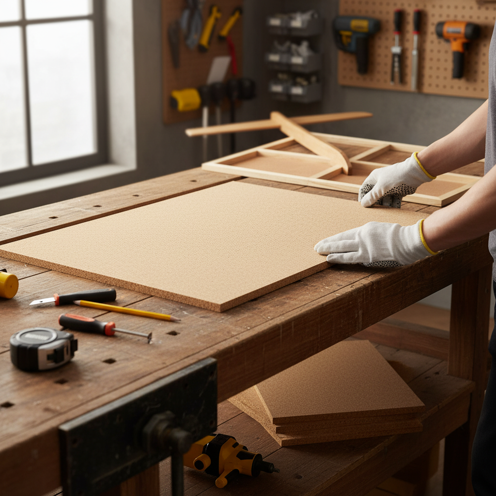 Person handling Premium Fine Grain Non-Adhesive Cork Sheets - 610mm x 450mm, 18mm Thick, Pack of 4, ideal for soundproof projects, wall coverings, and pinboards, amidst tools on a workshop bench.