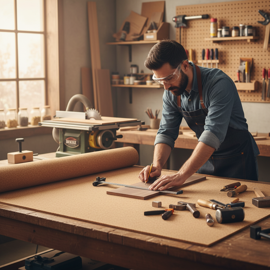 Premium Large Natural Cork Roll for Interior Walls - 7m x 1m, 6mm Thick, Moisture Resistant, Easy to Clean, showcased in a woodworking shop, suitable for soundproofing, acoustic insulation, and noise reduction applications.