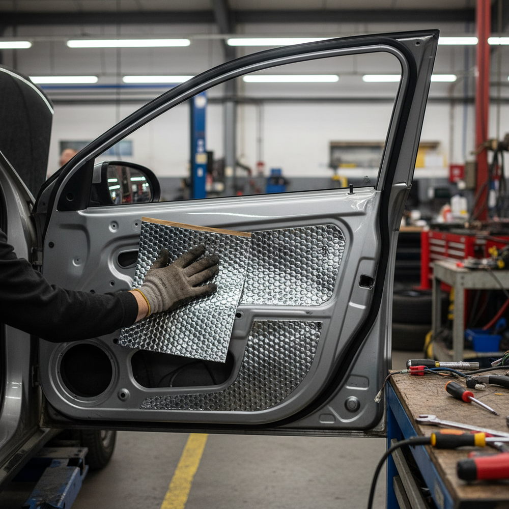 Technician applying Premium Self-Adhesive Sound Deadening Vibration Damper - 6 Sheets of High-Grade Butyl with Hex Embossing on car door, optimizing soundproofing and noise reduction in auto-repair shop setting.