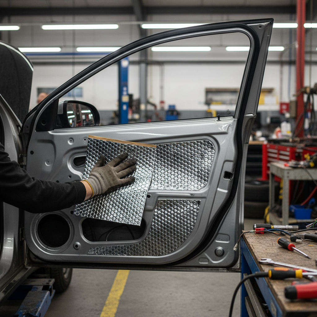 Technician applying Premium Self-Adhesive Sound Deadening Vibration Damper - 6 Sheets of High-Grade Butyl with Hex Embossing on car door, optimizing soundproofing and noise reduction in auto-repair shop setting.