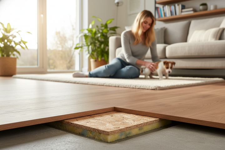 Premium Acoustic Overlay Platform System for Timber Floors - Impact Sound Reduction and Moisture Resistant Construction; the image shows a lifted wood laminate panel revealing underlayment, illustrating this soundproofing system's installation process.