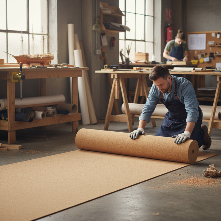 Man in workshop unrolls Premium Large Fine Grain Cork Roll 7m x 1m - 4mm Thick for Interior Walls, ideal for soundproofing and acoustic applications, amidst tools and projects, reflecting professional-grade quality.