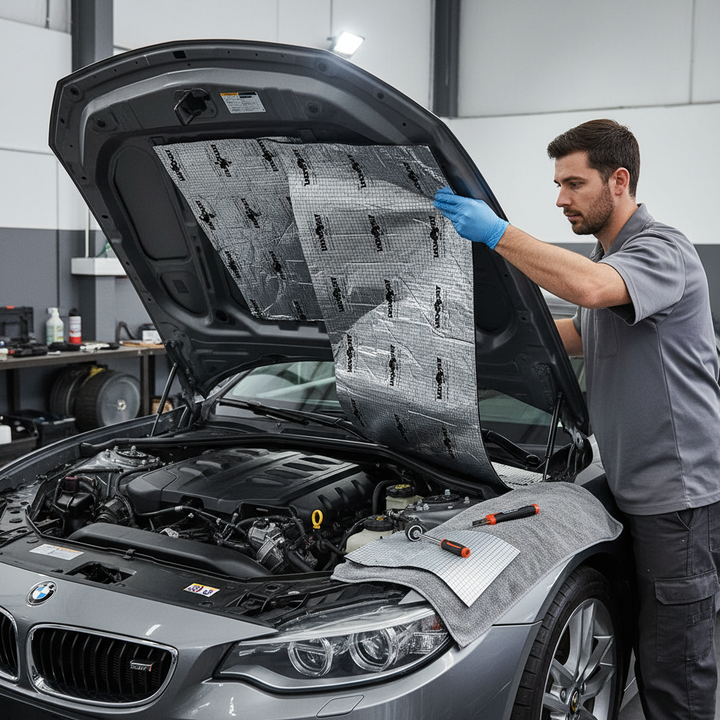 Premium Thermal Acoustic Bonnet Liner - 10mm Self-Adhesive Foam with Reinforced Aluminium, shown being installed by a technician, effectively reduces engine noise and heat for soundproofing and acoustic insulation in vehicles.