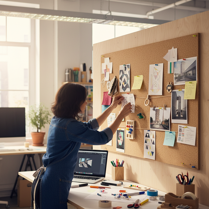 Premium Fine Grain Adhesive Cork Sheets - Pack of 2, 915mm x 610mm, 15mm Thick, being used to create a soundproof pinboard in a design studio, showcasing acoustic and noise reduction properties.