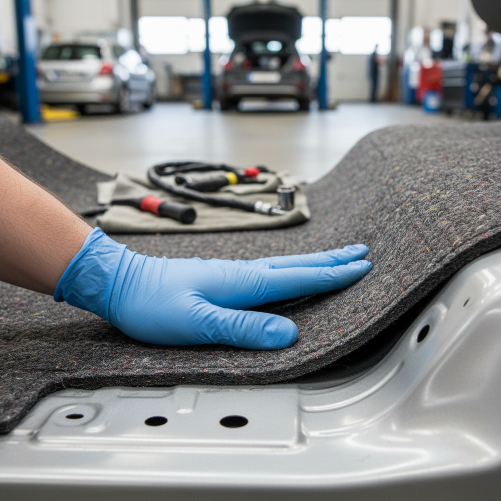 Close-up of a blue nitrile-gloved hand applying a Premium Self-Adhesive Acoustic Felt Sheet 800x500mm, 8mm Thickness for Noise Reduction and Thermal Insulation in an auto-repair setting.