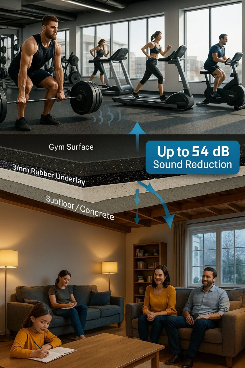 Acoustic Soundproof Underlay 3mm – Rubber Sheet for Flooring & Impact Noise Insulation | Noise Reduction Up to 54Silentcloud: Illustration shows underlay reducing gym noise, ensuring quiet below in a living room.