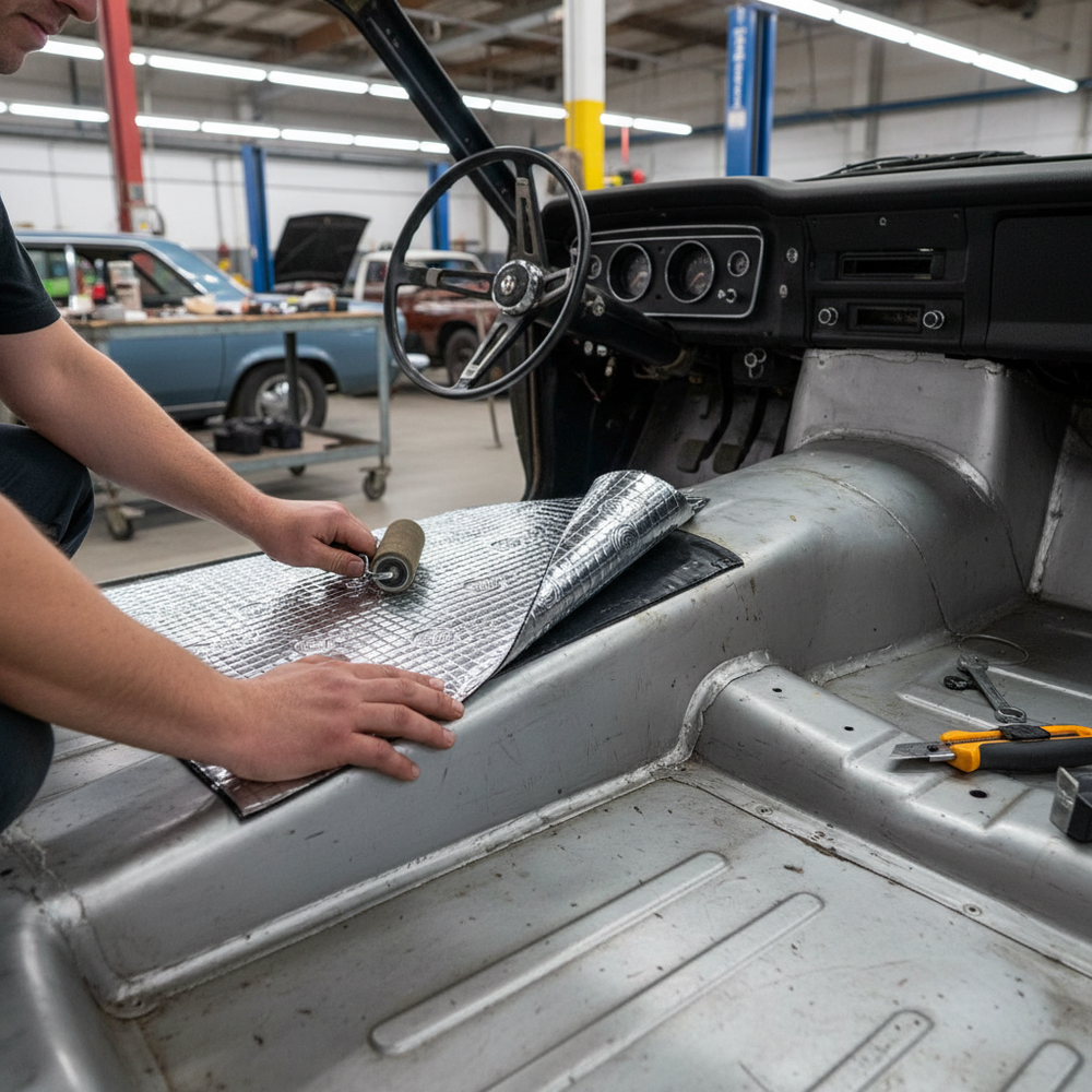 Premium 2mm XL Damping Mat - High-Performance Sound Insulation with Aluminum Surface is being applied to a car's interior floor, emphasizing acoustic noise reduction and vibration damping with soundproofing effectiveness.