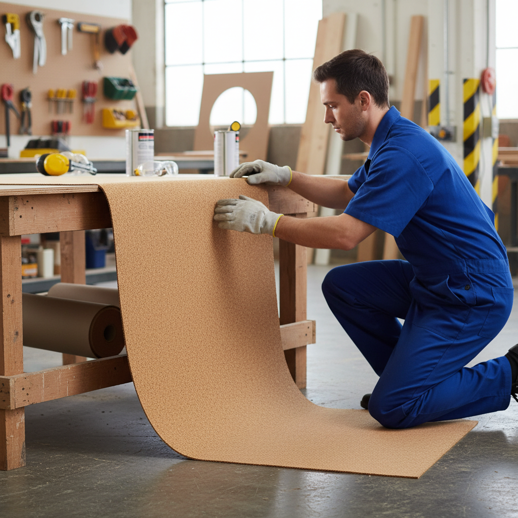 Person in workshop unrolls Premium Fine Grain Large Cork Roll 100 Meter x 1.22 Meter - 1mm Thick for Coaster Backing, ideal for soundproofing and acoustic applications, on wooden workbench amidst tools and supplies.