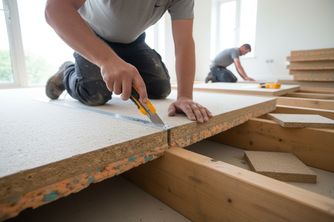 Workers install the Premium Acoustic Floor System 2400mm x 600mm x 32mm, designed for noise reduction and soundproofing, by cutting and fitting panels over floor joists in an unfinished room.
